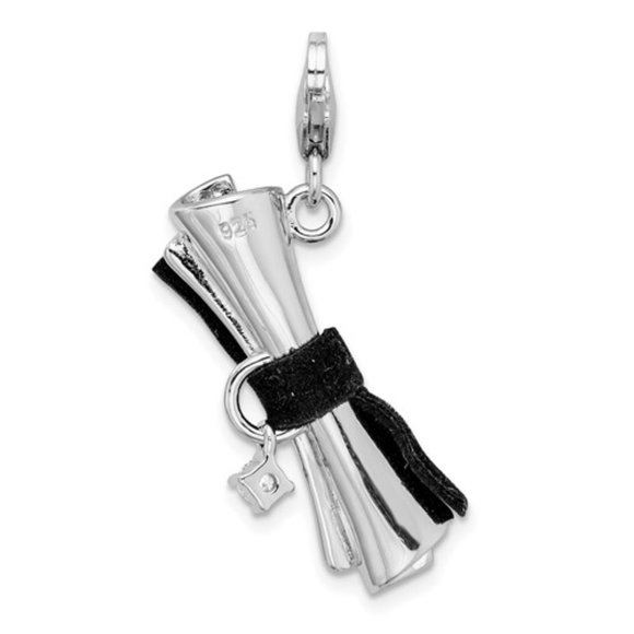 925 Sterling Silver 3-D CZ Black Ribbon Diploma Graduation Bracelet Cham / clasp - Picture 4 of 5